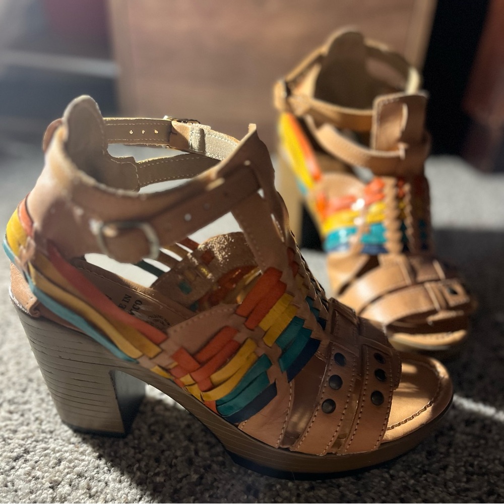 Mexican Huarache Colorful Leather Strappy Heels Sandals Women’s 9 Mexico 26 - Picture 3 of 13